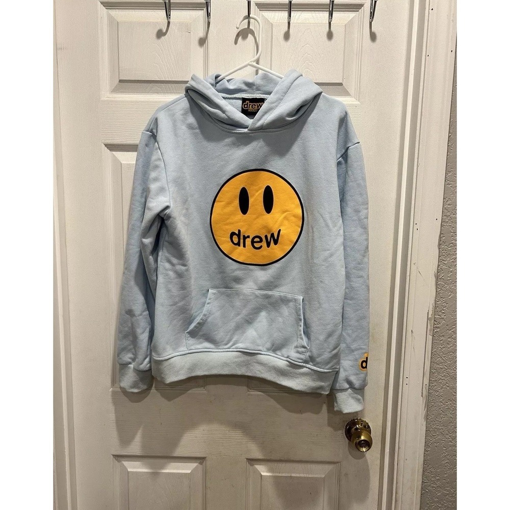 Drew House Mascot Hoodie Light Blue Smiley Face Graphic Pullover Medium Bieber